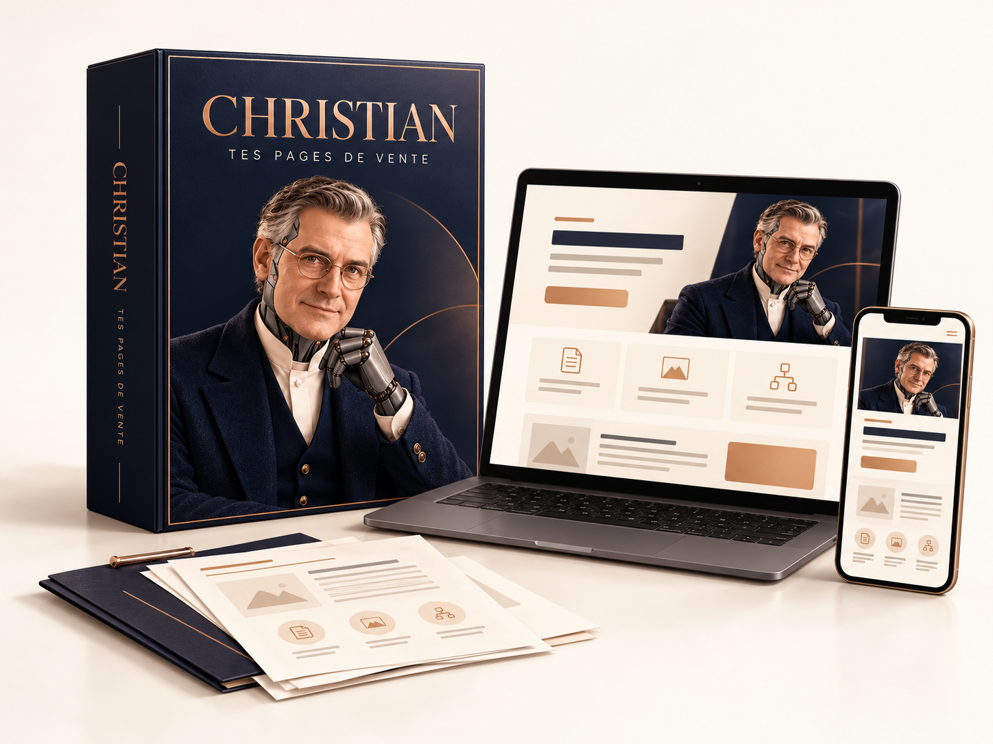 Mockup numérique Christian : son personnage officiel sur un coffret, avec des pages illustratives sur ordinateur et téléphone.