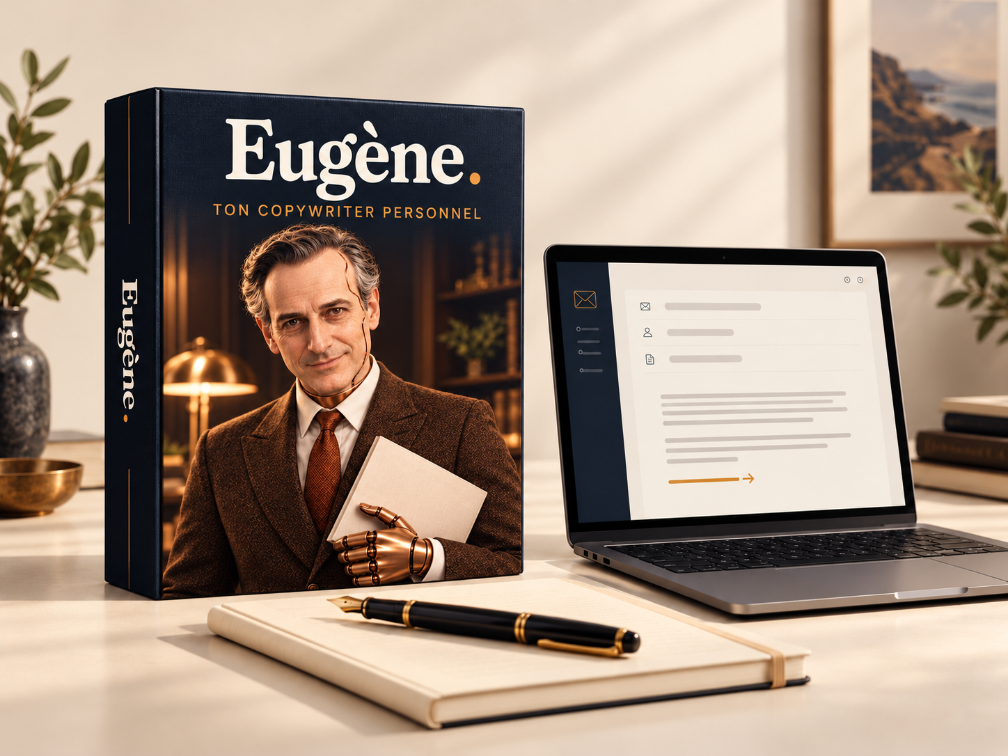 Mockup numérique Eugène : son personnage officiel en costume brun, avec sa main cuivrée, sur un coffret bleu nuit à côté d’un ordinateur.