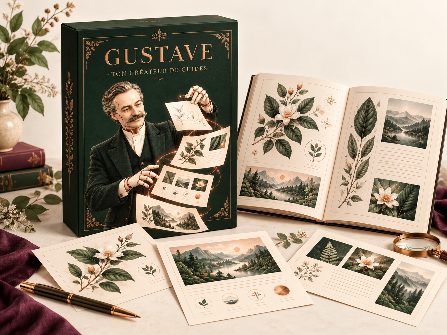 Mockup numérique Gustave : son personnage officiel sur un coffret, avec un guide illustré et des pages exemples.