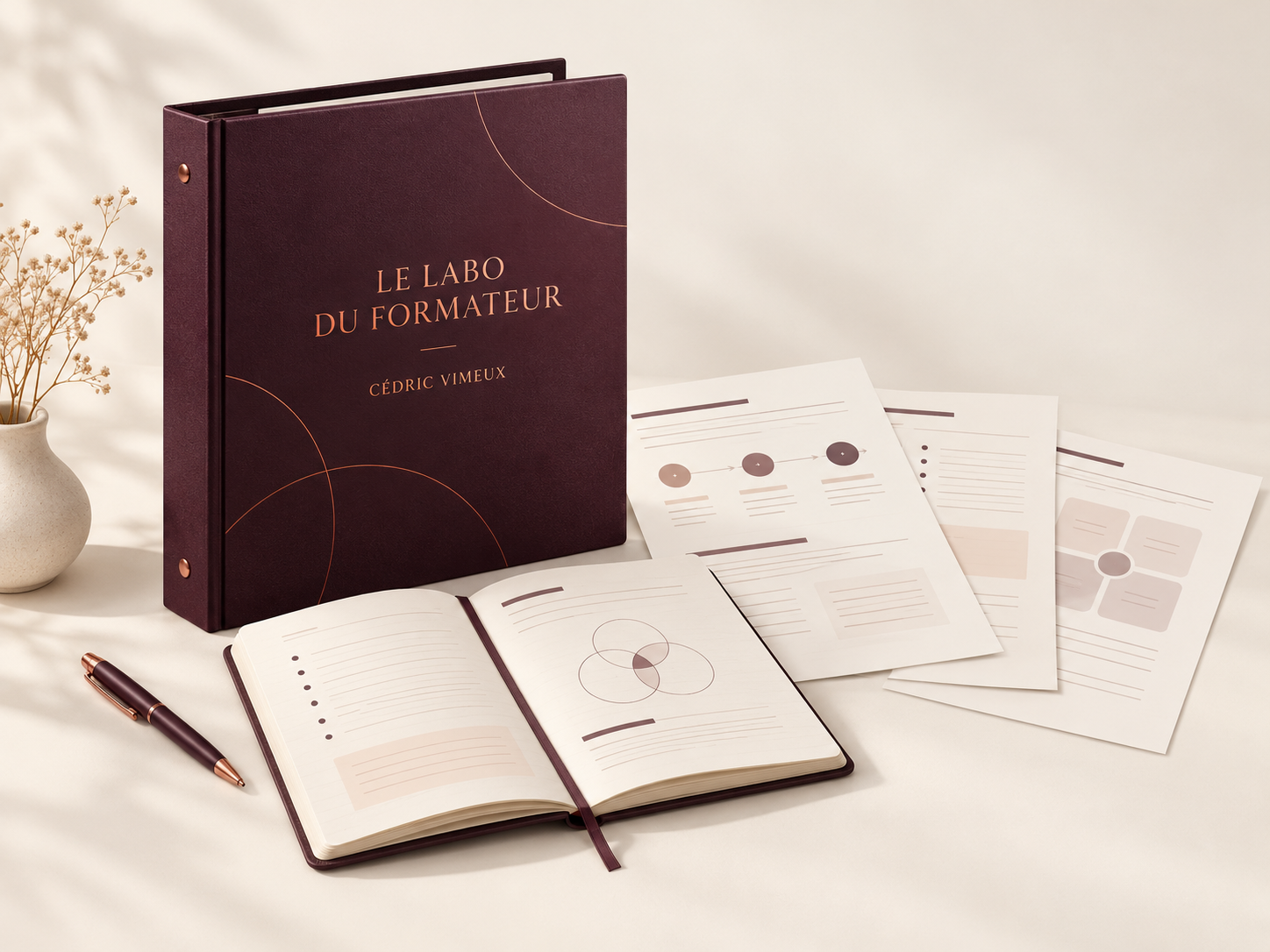 Illustration du Labo du formateur : classeur et plans de cours sur un bureau ivoire. Produit numérique.