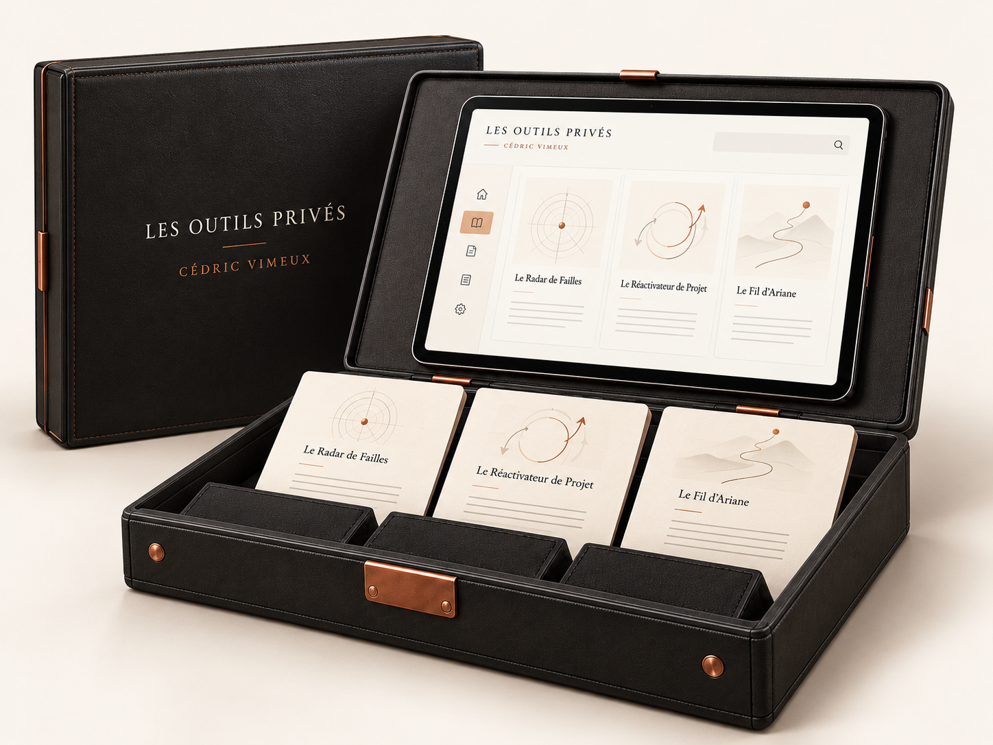 Mockup numérique des Outils privés : mallette noire, bibliothèque sur tablette et fiches de méthodes.