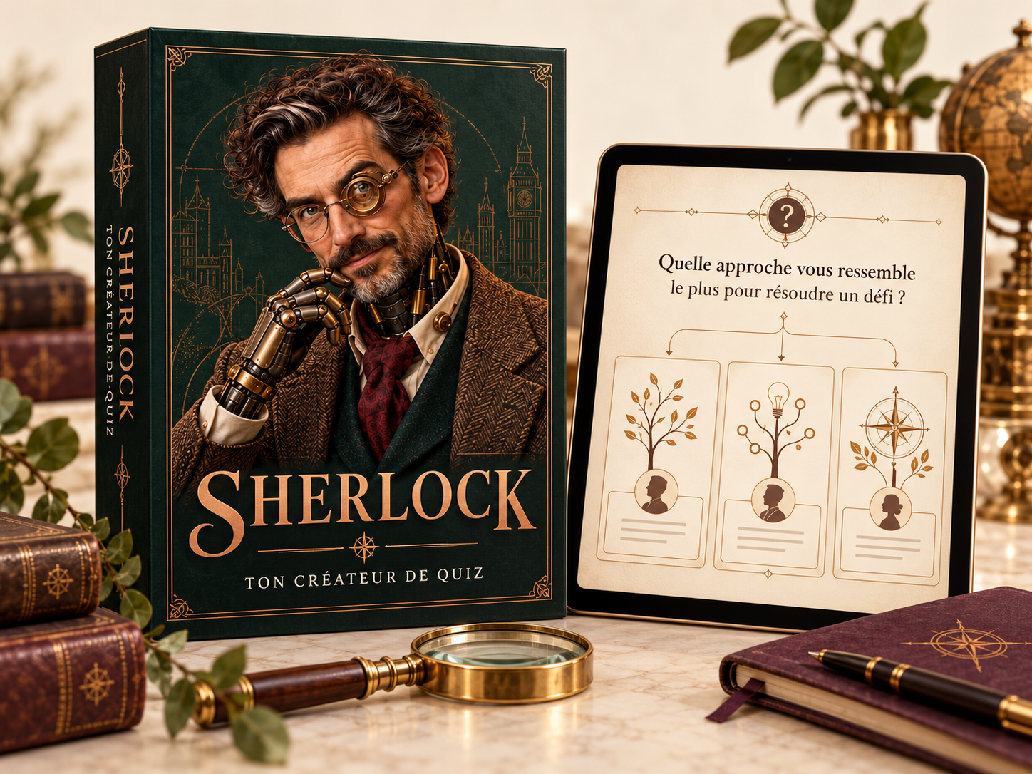 Mockup numérique Sherlock : son personnage officiel sur un coffret, avec un quiz illustratif sur tablette.